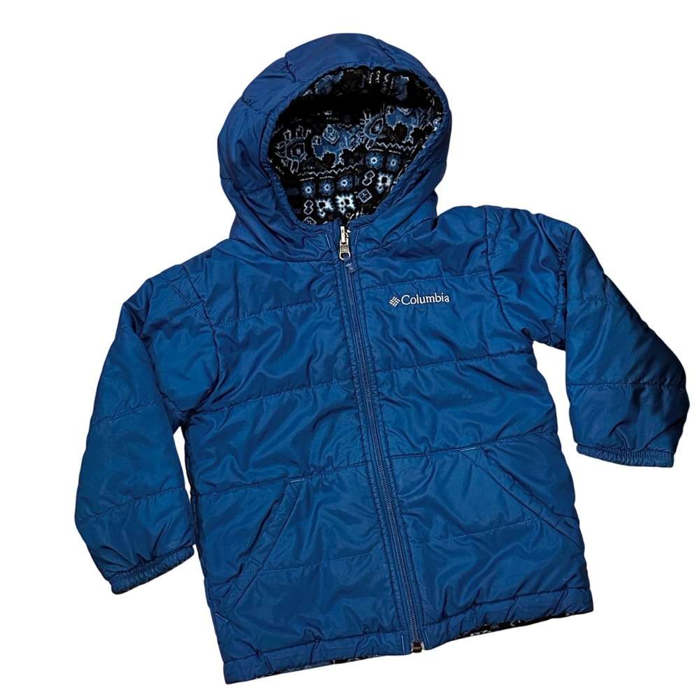 Columbia Reversible Hooded Puffer Jacket Kids 4T Blue Fleece Animal Print
